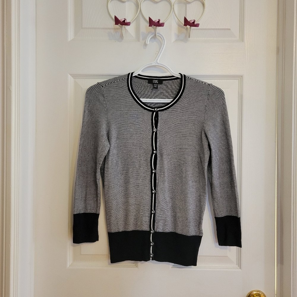 5/$20 Black white striped crewneck button front knit cardigan sweater Jacob XS